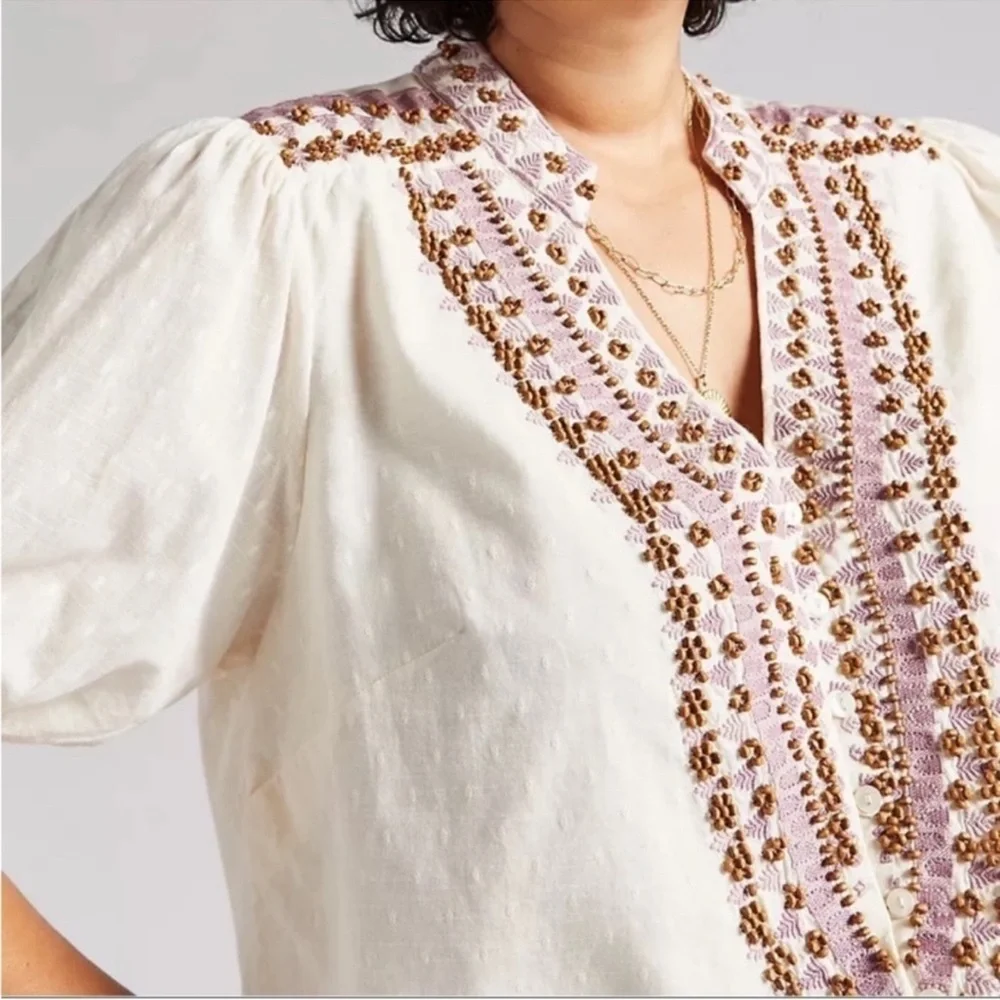 Anthropologie Ivory Embroidered Beaded Peasant Blouse Petite 10 Boho Puff Sleeve